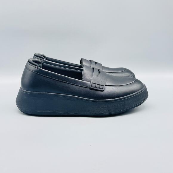 FitFlop Shoes Women 7.5 Black Platform Penny Loafer F Mode Slip On Wedge Comfort - Picture 1 of 10